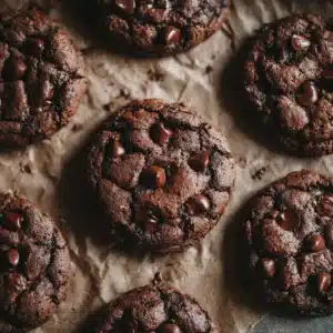 An overhead shot of homemade double chocolate chip cookies scattered on a cooling rack, highlighting their crackled tops.