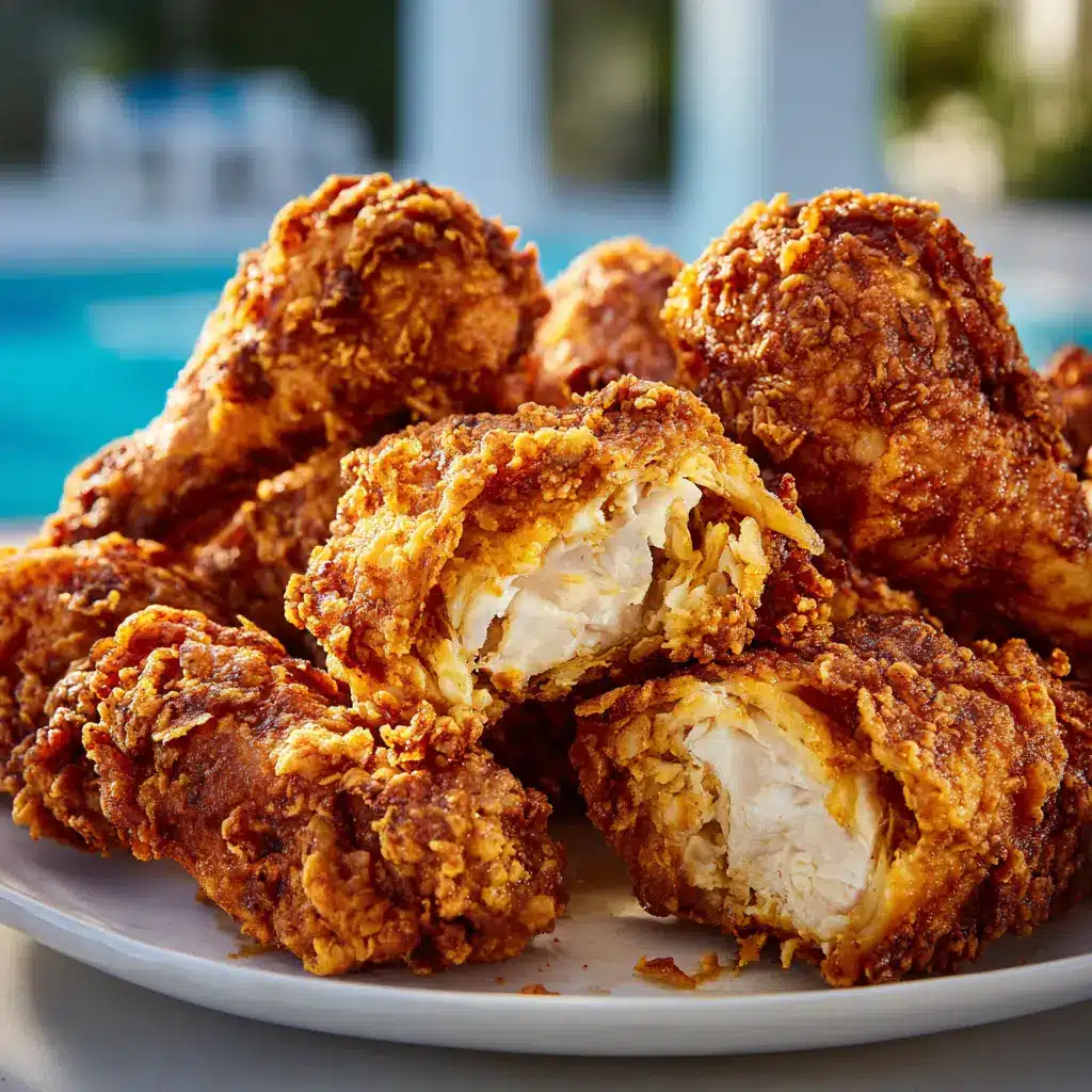 A close-up view of the homemade fried chicken batter in a mixing bowl before coating the chicken. The texture of the wet batter is visible.