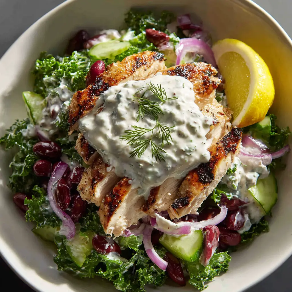 A beautiful presentation of the final Greek chicken salad, tossed with a homemade vinaigrette and ready to be served.