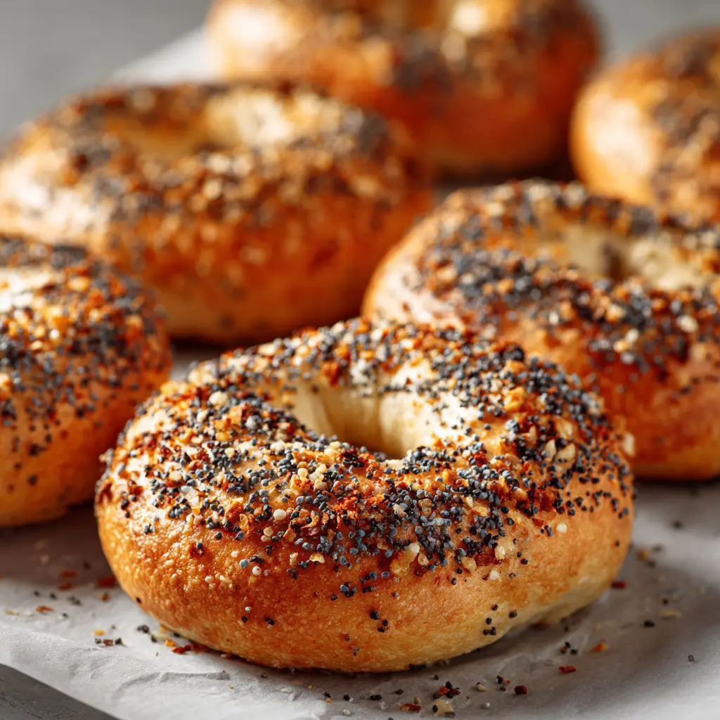 An extreme close-up of a homemade New York style bagel, showcasing its shiny, perfectly browned crust and chewy interior.