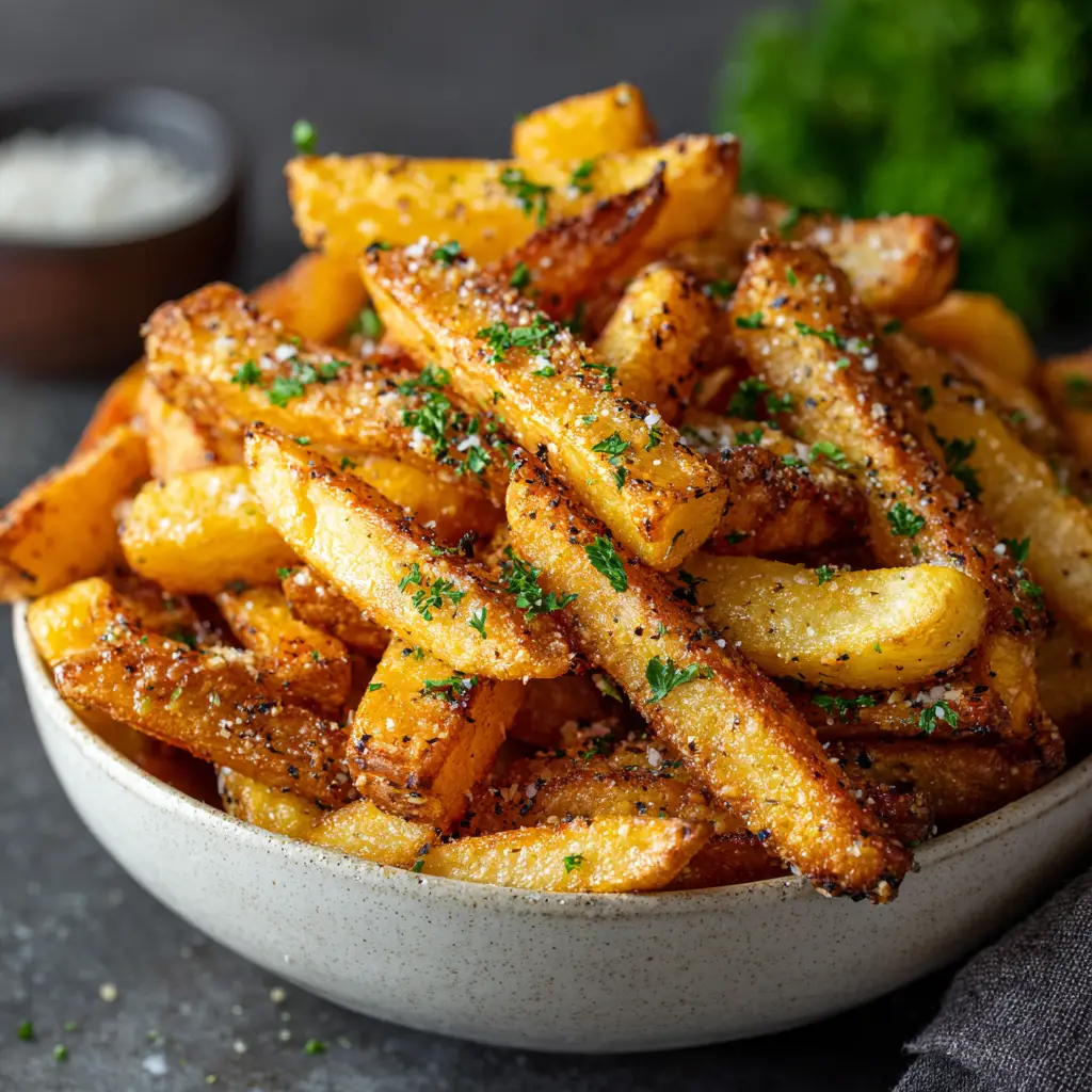 A batch of thick-cut parmesan garlic potato wedges fresh from the oven, garnished with parsley.