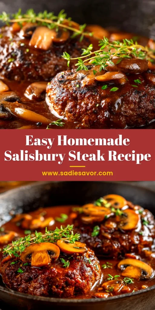 A close-up shot of homemade Salisbury steak in a skillet, smothered in rich mushroom and onion gravy, garnished with fresh parsley.