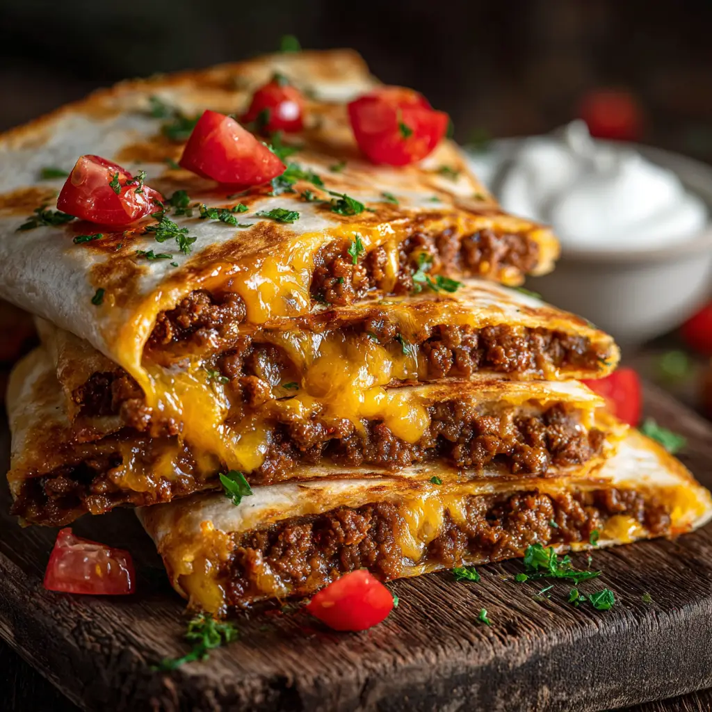 Smashburger Quesadillas: The Ultimate Viral Recipe 1 A cross-section view of a homemade smashburger quesadilla showing the perfectly cooked ground beef patty and melted American cheese.