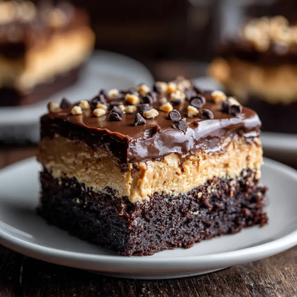 Spreading creamy peanut butter frosting over a warm chocolate Texas sheet cake in a baking pan.