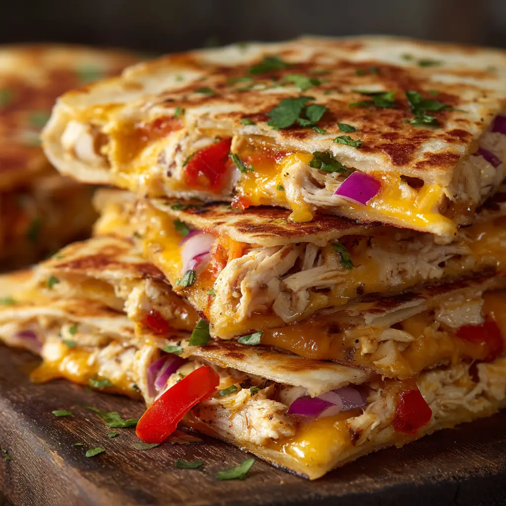A close-up view of a homemade quesadilla being folded in a pan. One half is covered in cheese and seasoned chicken, ready to be cooked.