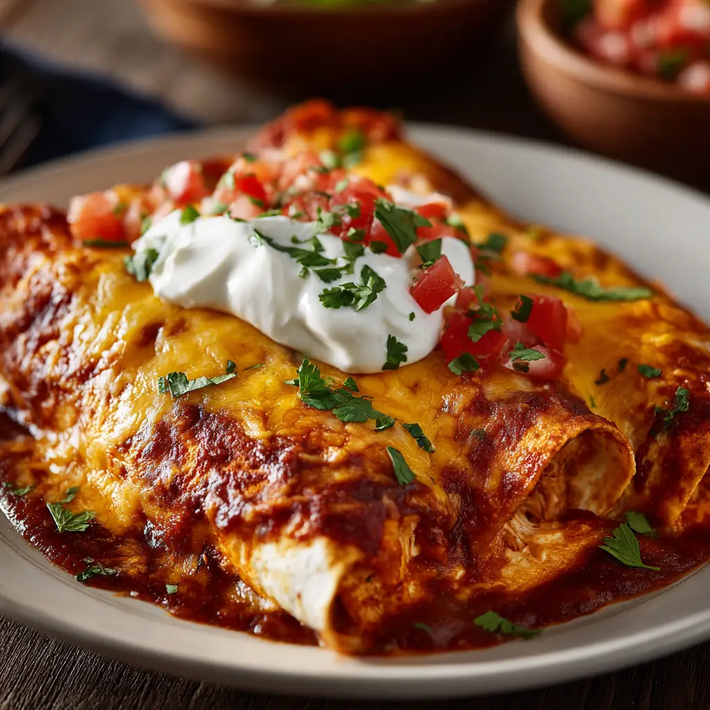 The process of rolling shredded chicken filling into a soft tortilla to make easy chicken enchiladas.