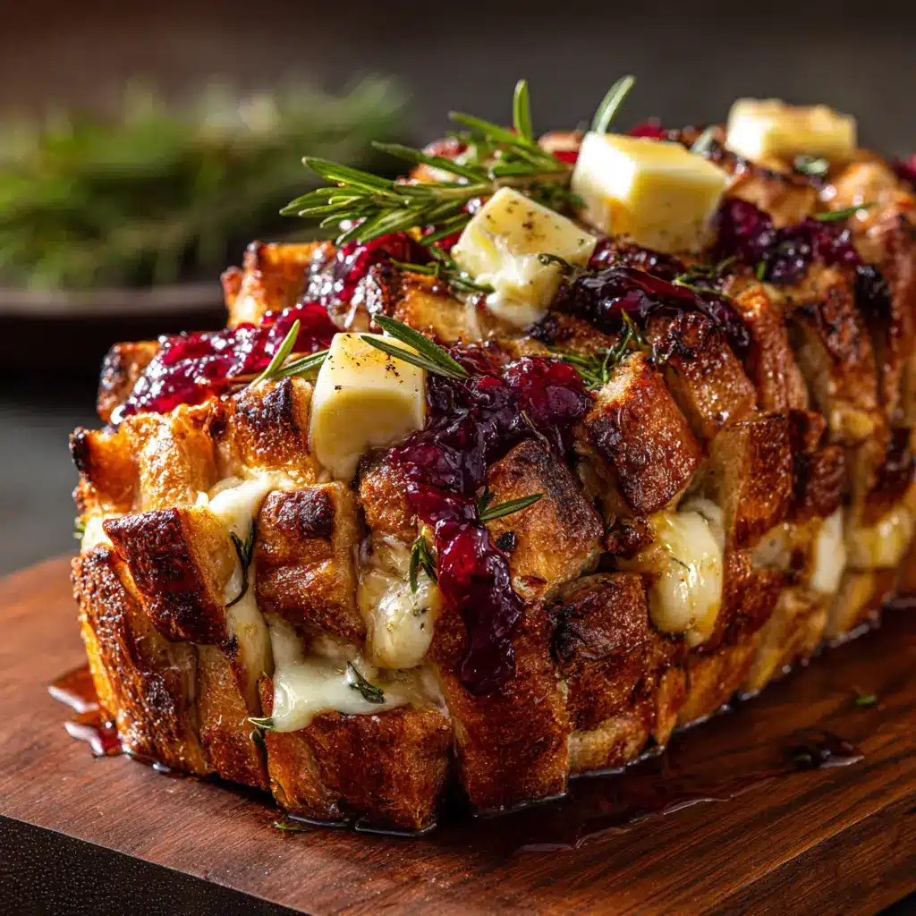 The top view of the Cranberry Brie Pull-Apart Bread before baking, showing the sourdough loaf stuffed with brie and cranberry sauce.