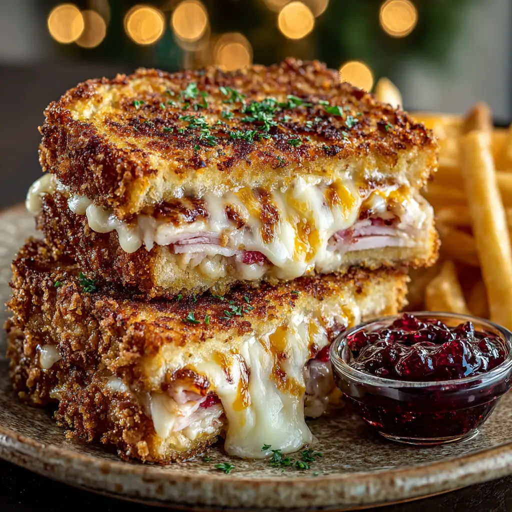 A step-by-step image showing the assembled Monte Cristo sandwich being dipped into the egg batter before frying.