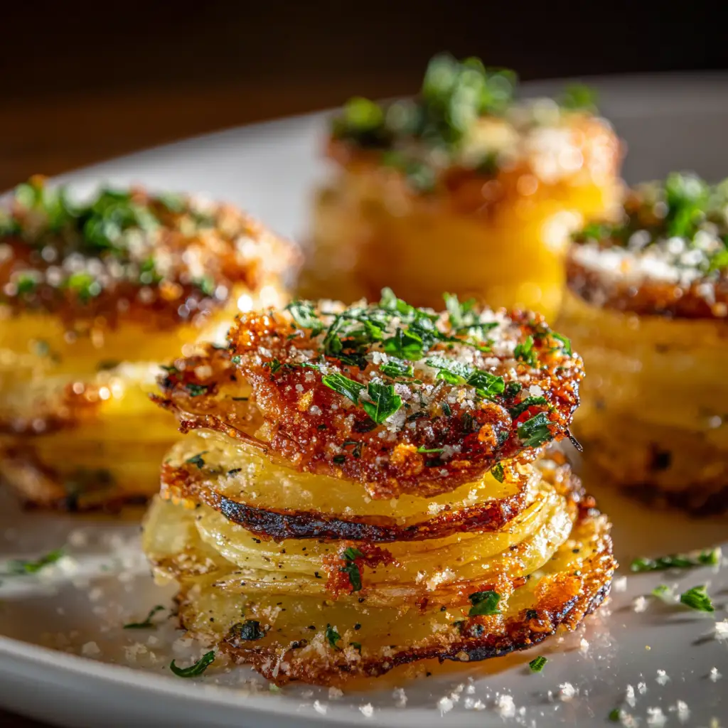 The process of layering thinly sliced potatoes with parmesan cheese and herbs into a muffin tin before baking the potato stacks.
