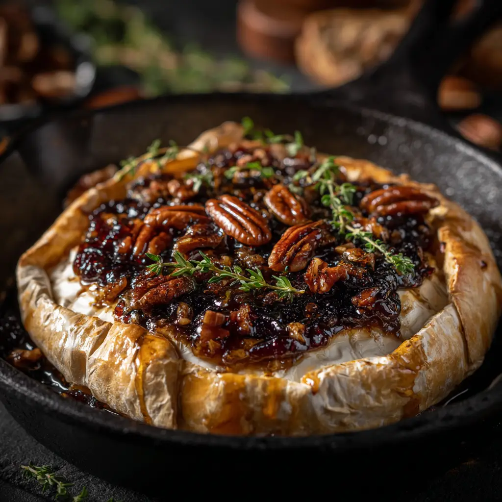 A beautiful serving platter featuring baked brie with jam and nuts, surrounded by crackers and apple slices for dipping.