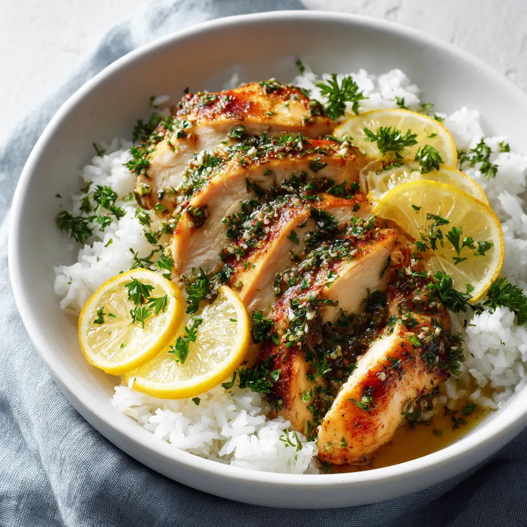 A beautiful presentation of the Italian Lemon Chicken recipe, with sliced chicken served over pasta and drizzled with the zesty pan sauce.