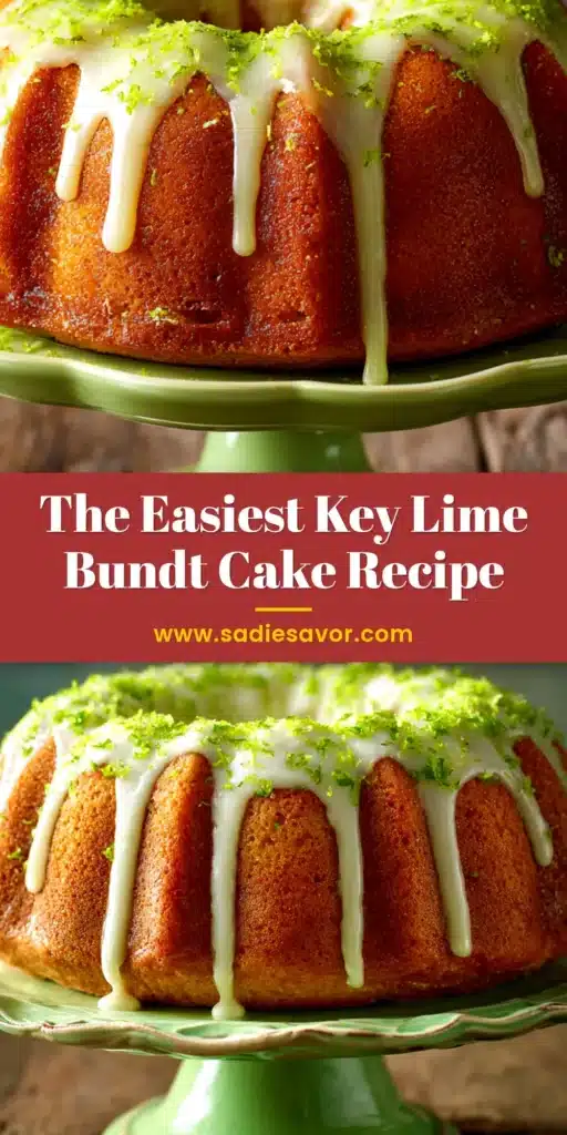 A beautiful Key Lime Bundt Cake Recipe with a thick, zesty glaze dripping down the sides, garnished with lime slices. The perfect moist and tangy dessert.