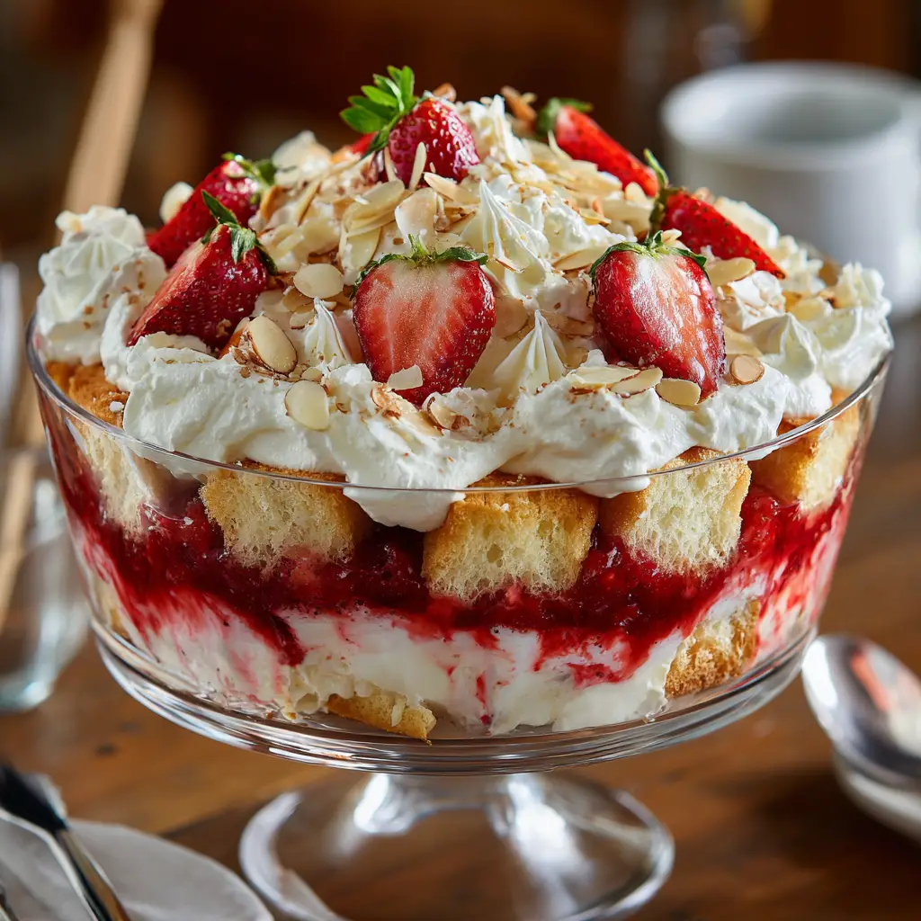 A close-up slice of layered strawberry dessert on a white plate, showcasing the distinct layers of angel food cake, vanilla pudding, and fresh strawberries.