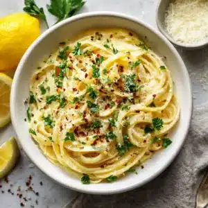 A close-up overhead view of lemon butter pasta in a white ceramic bowl, showing the creamy texture of the lemon sauce.
