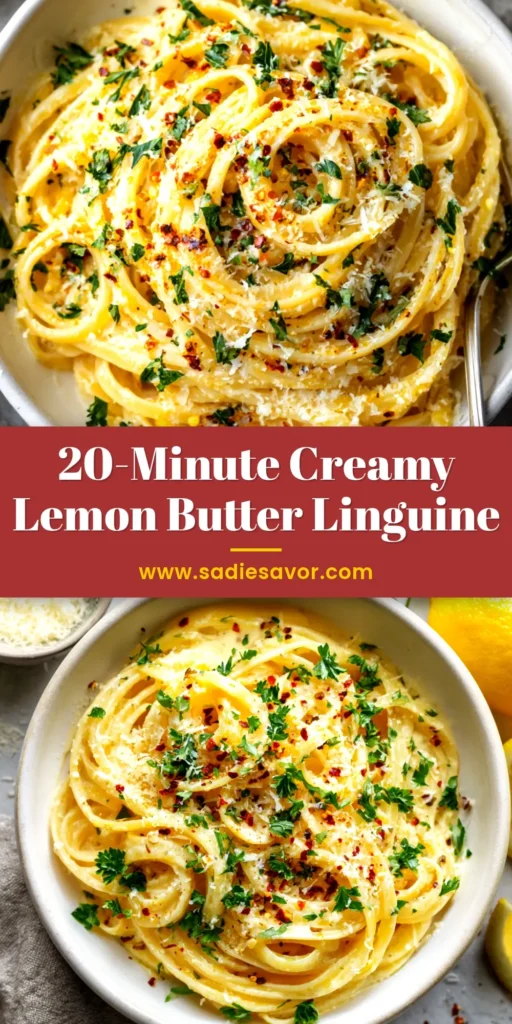 An overhead shot of a white bowl filled with delicious Lemon Butter Linguine, garnished with fresh parsley and Parmesan cheese.