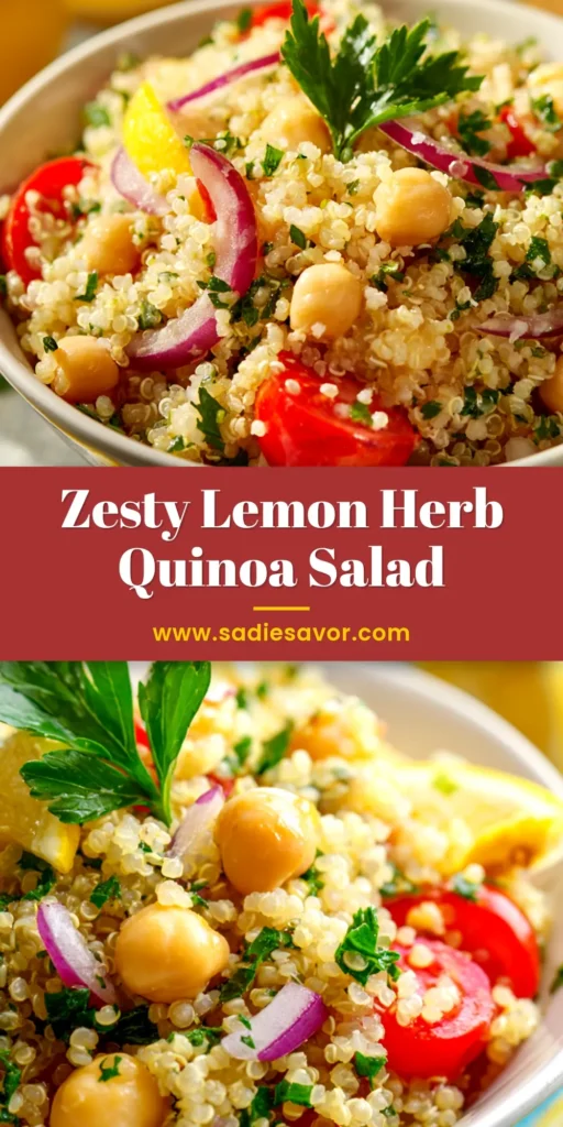 A vibrant and healthy Lemon Herb Quinoa Salad in a white bowl, topped with fresh parsley and a lemon slice on the side. The perfect meal prep recipe.