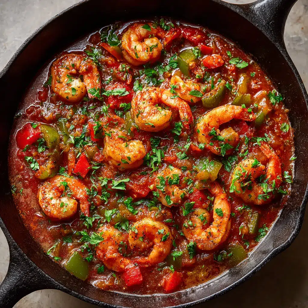 Louisiana Shrimp Creole Recipe: An Authentic Taste of New Orleans 2 A close-up overhead view of Louisiana Shrimp Creole simmering in a pot. The 'Holy Trinity' of vegetables is visible in the rich tomato sauce alongside the shrimp.