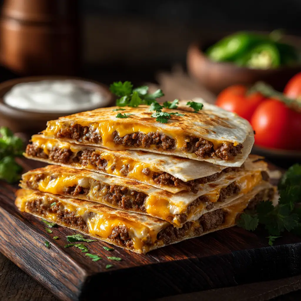 Smashburger Quesadillas: The Ultimate Viral Recipe 1 A smashburger quesadilla being folded in a hot skillet, with melted cheese, ground beef, and burger sauce visible on one half of the tortilla.