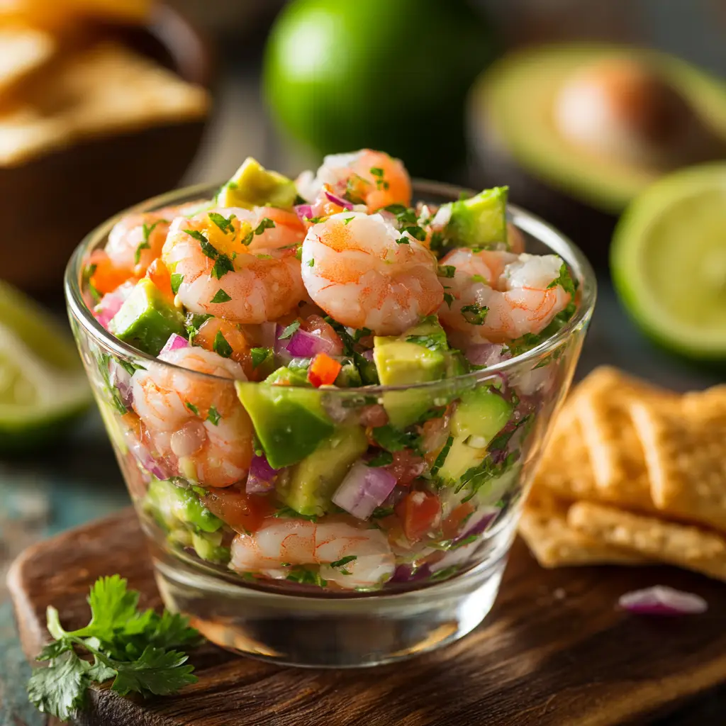 A glass bowl showing shrimp marinating in lime juice until pink and opaque, a key step in how to make the best avocado shrimp ceviche.