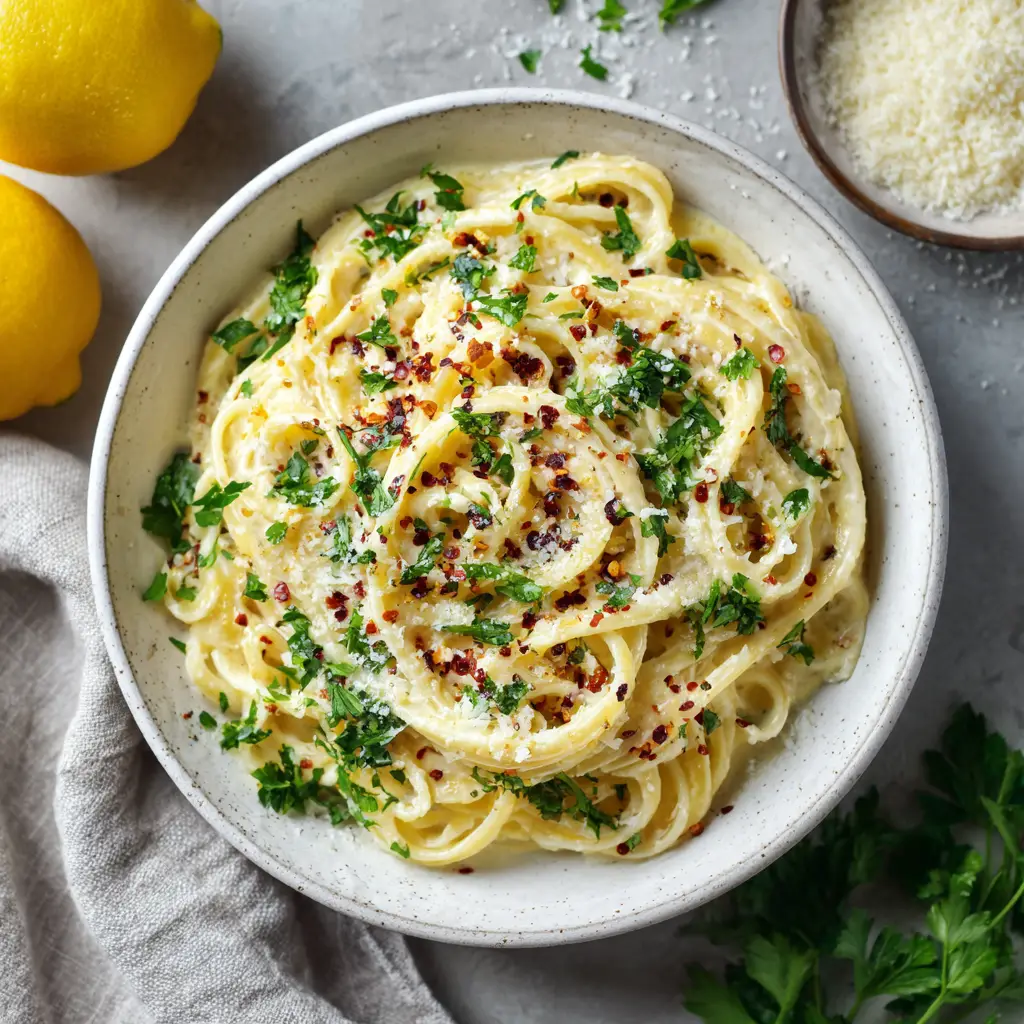 A serving of linguine with lemon sauce being tossed in a skillet, garnished with fresh parsley.