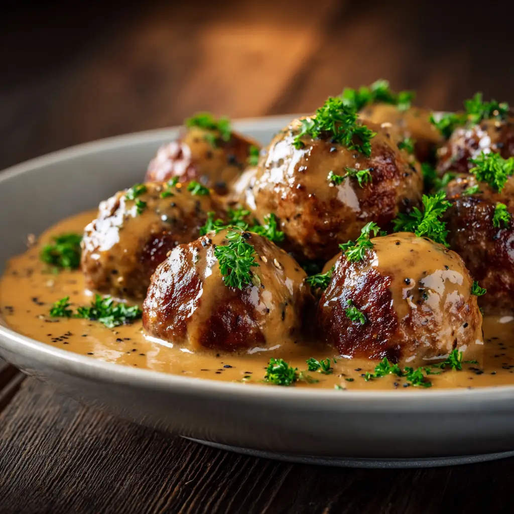 A step-by-step process shot showing a whisk stirring the ingredients for a creamy meatball sauce in a stainless steel saucepan.
