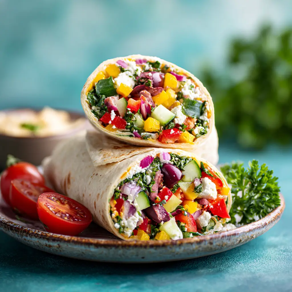 Two fresh Mediterranean veggie wraps cut in half and stacked, showcasing the colorful layers of hummus, spinach, tomato, and cucumber inside.