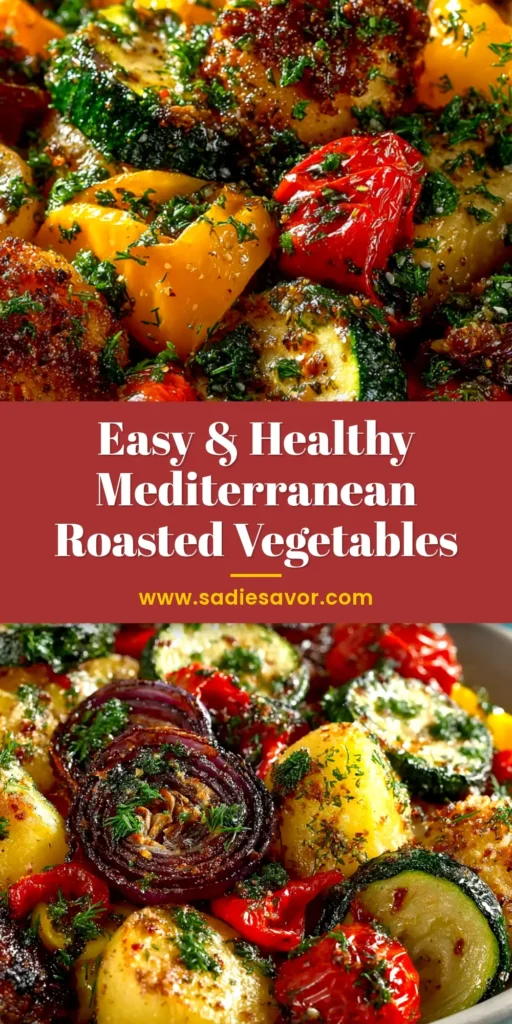 A vibrant platter of Mediterranean roasted vegetables, featuring colorful bell peppers, zucchini, and cherry tomatoes, perfectly seasoned and ready to serve. This healthy side dish is easy to make and full of flavor.