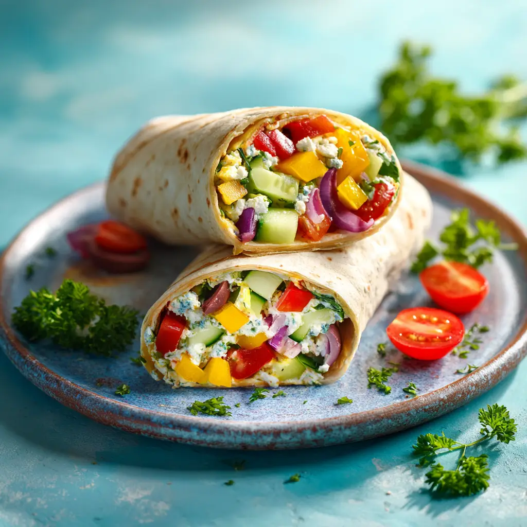 An overhead view of the ingredients for the Greek veggie wrap, including tortillas, hummus, feta, and fresh vegetables, arranged neatly on a surface.