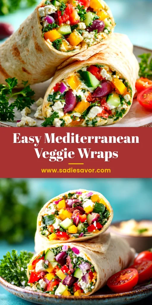 A close-up of two Mediterranean veggie wraps sliced in half, revealing fresh fillings of spinach, tomato, and cucumber, ready to be pinned.