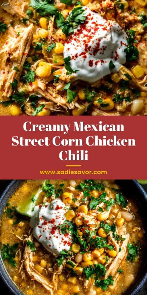 A delicious bowl of Mexican Street Corn White Chicken Chili topped with charred corn, cotija cheese, and fresh cilantro. A lime wedge sits on the side.