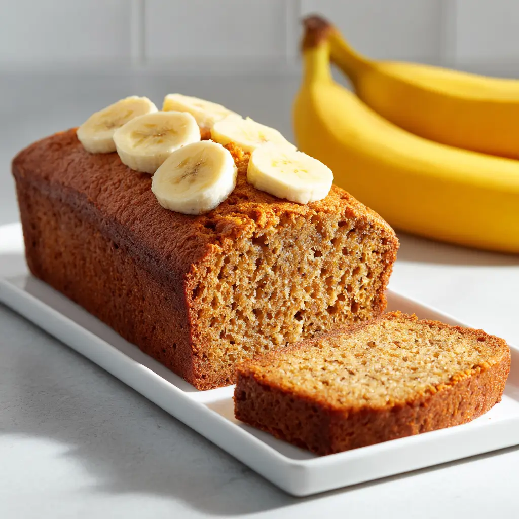 A close-up shot of a thick slice of moist banana bread, revealing its soft and tender crumb texture.