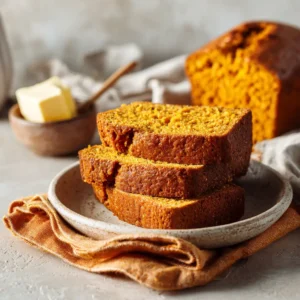 A stack of thick slices of high-protein pumpkin bread, with a piece broken off to show the soft, tender texture inside. A healthy and delicious fall treat.