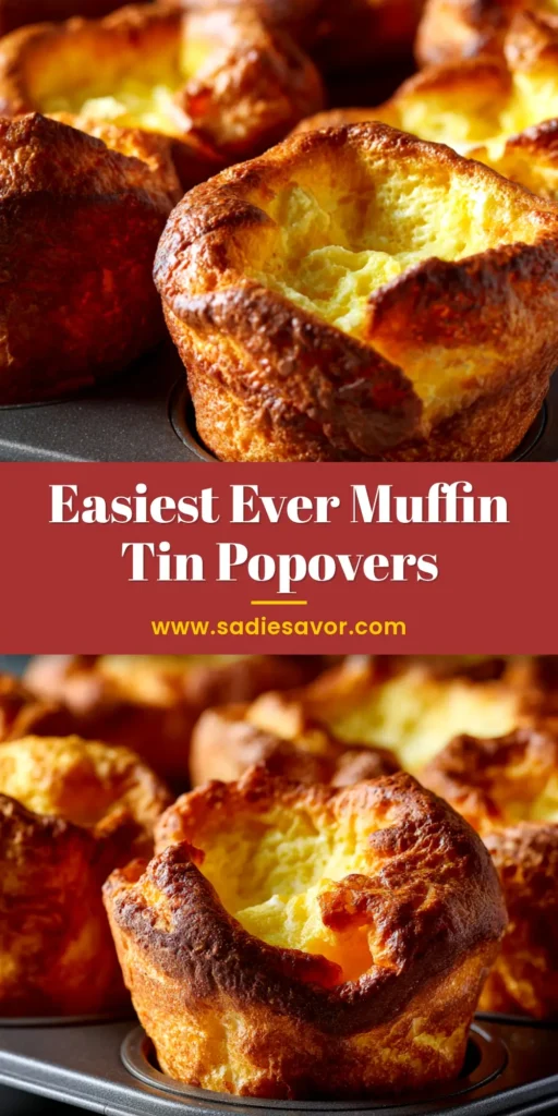 Golden brown muffin tin popovers rising high in a dark muffin pan, ready to be eaten. A foolproof recipe for perfect popovers.