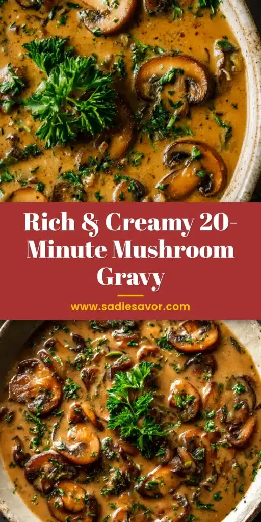 A sharable pin image for a rich and creamy mushroom gravy recipe, showing the finished gravy in a white gravy boat with text overlay.