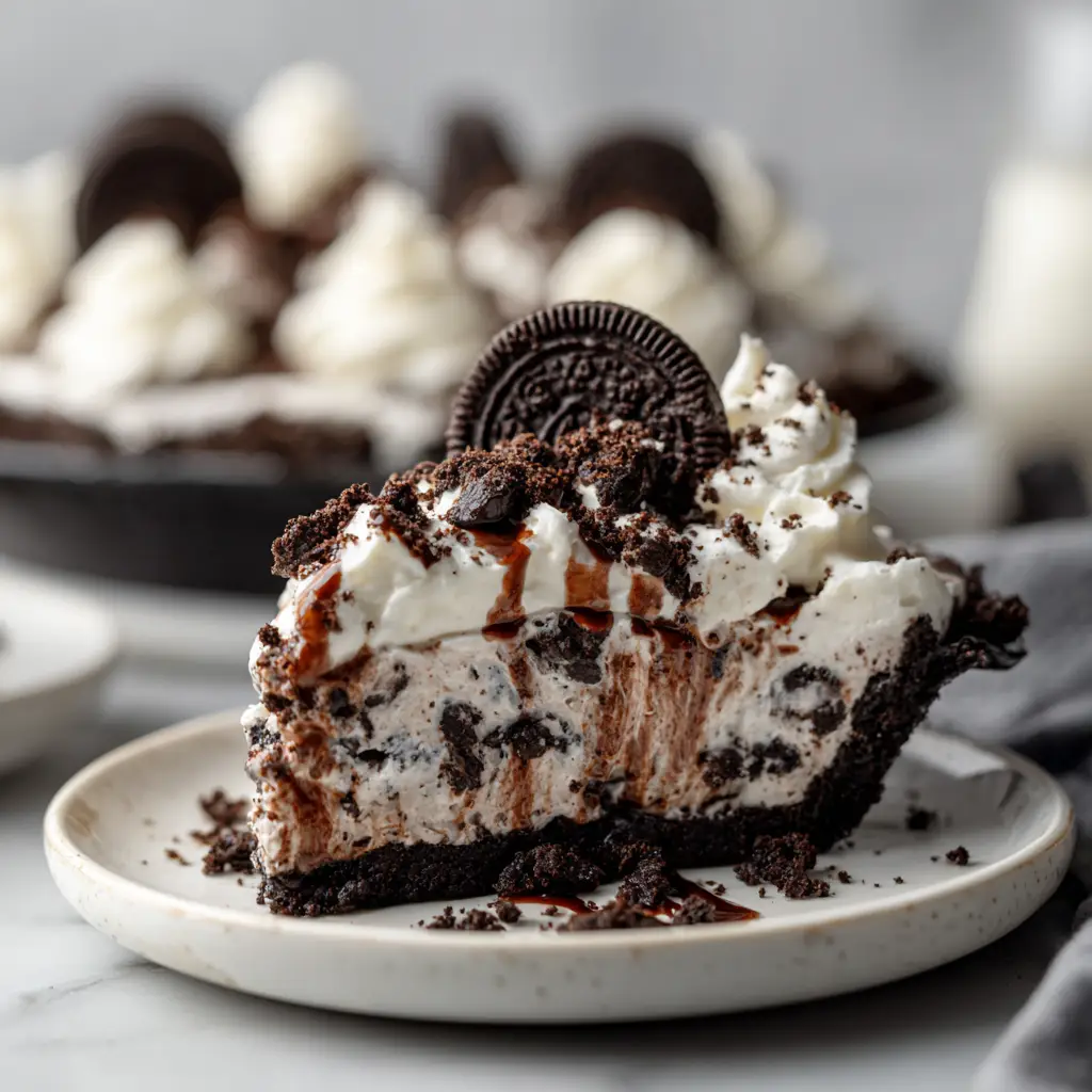 A fork cutting into a slice of no-bake Oreo dessert, emphasizing the soft, easy-to-eat texture of the pie filling and crust.