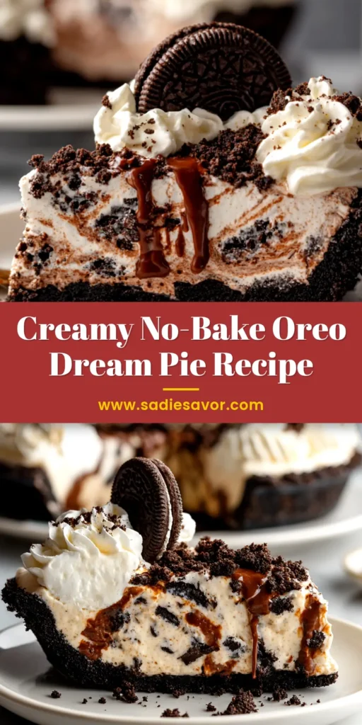 A top-down view of a whole No-Bake Oreo Pie in a pie dish, garnished with whipped cream and Oreo cookie crumbs. The perfect easy dessert recipe.