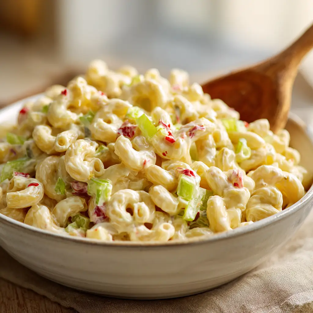 A spoonful of old-fashioned macaroni salad being lifted from a bowl, showcasing its rich and creamy texture.