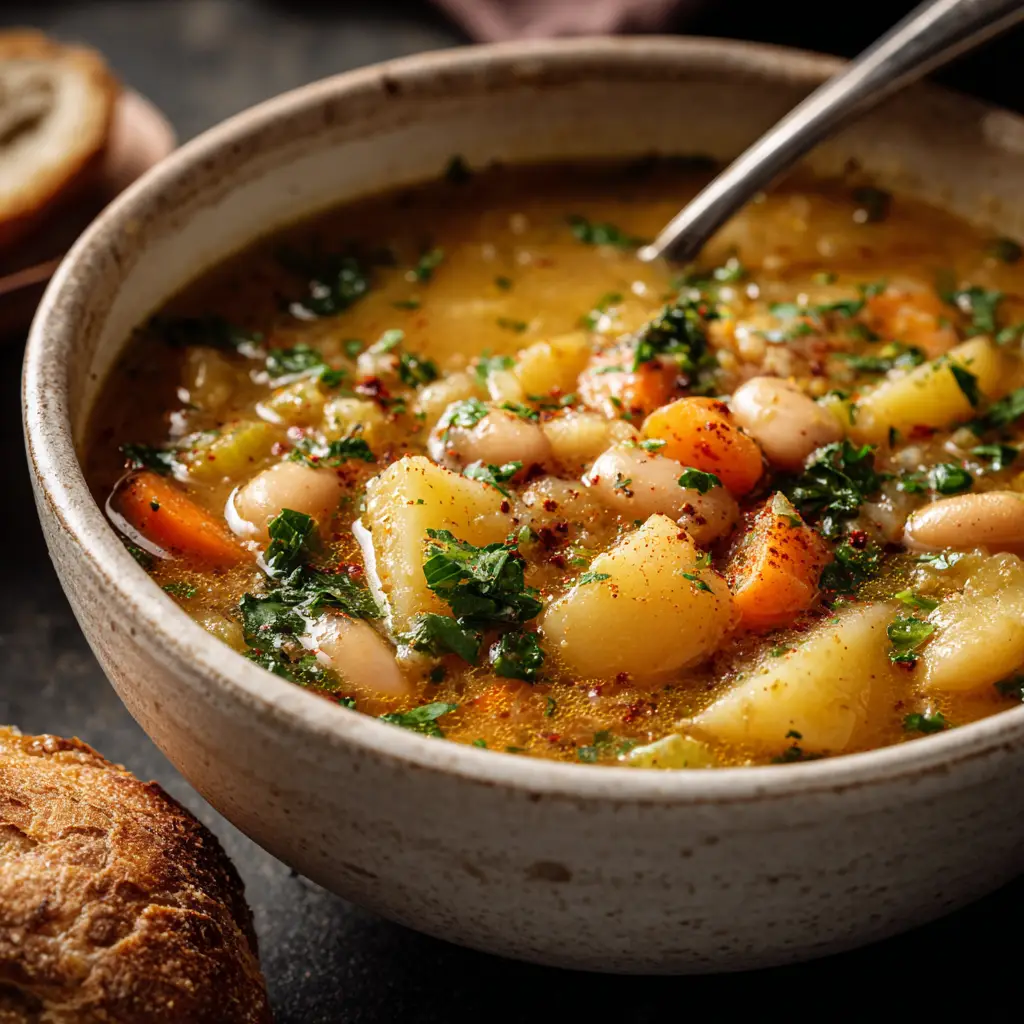 A large Dutch oven filled with simmering hearty potato bean soup before serving.