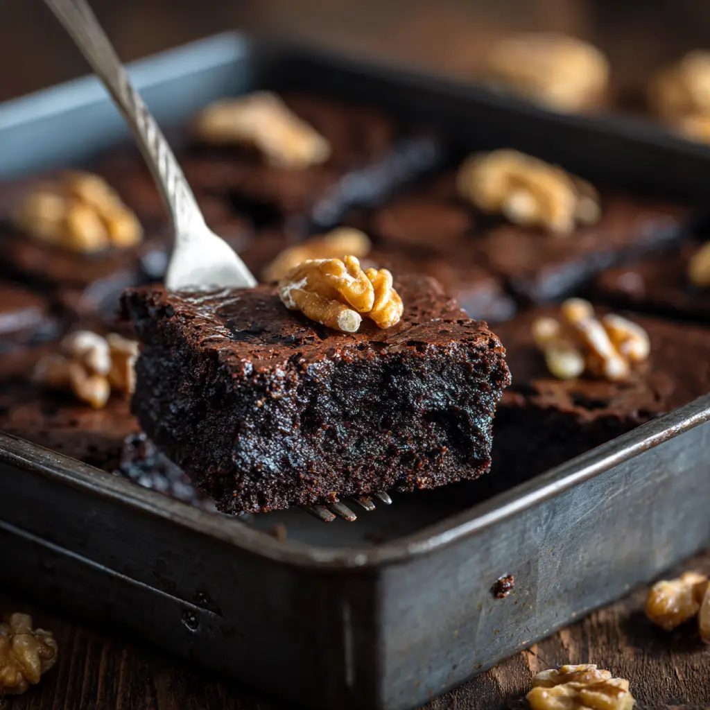 A pan of freshly baked vegan sweet potato brownies, cut into perfect squares and ready to be served.