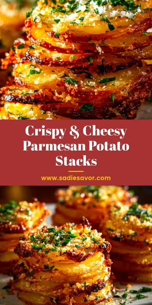 A close-up view of golden-brown Parmesan Potato Stacks arranged on a serving platter, showcasing their crispy layers.