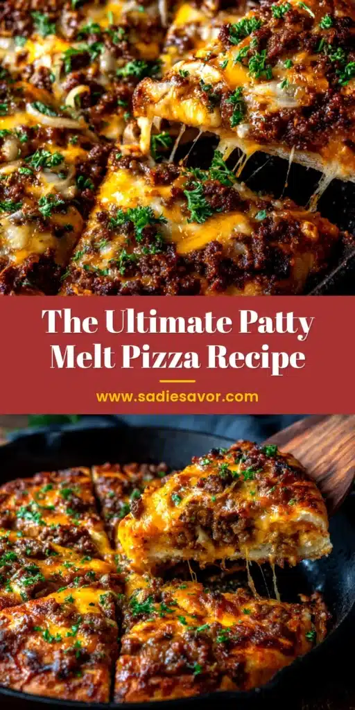 A delicious homemade Patty Melt Pizza sliced on a wooden board, featuring ground beef, caramelized onions, and melted Swiss cheese.
