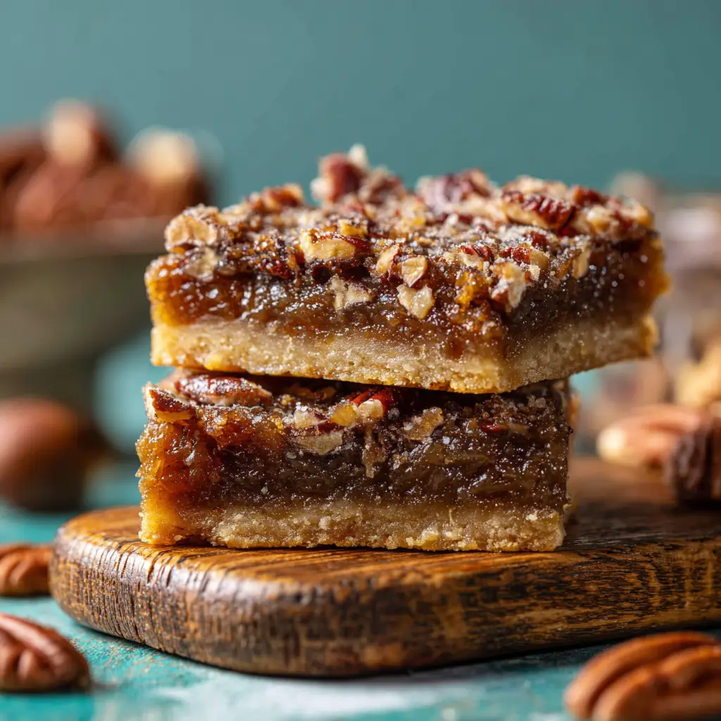 Pecan Pie Bars: The Easiest, Chewy & Gooey Recipe 2 Two perfectly sliced pecan pie bars displayed on a rustic wooden board, highlighting their rich, dense pecan filling and crisp shortbread base.