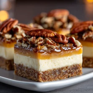 A close-up shot of a single pecan pie cheesecake bar, highlighting the creamy cheesecake filling and crunchy pecan topping.