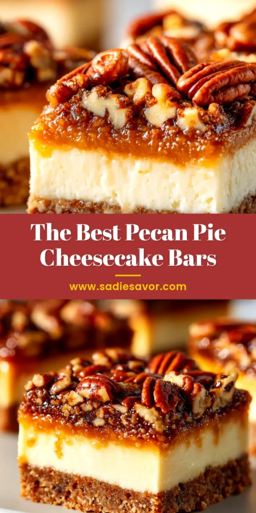 A stack of delicious Pecan Pie Cheesecake Bars on a plate, showing the distinct layers of graham cracker crust, creamy cheesecake, and gooey pecan topping.