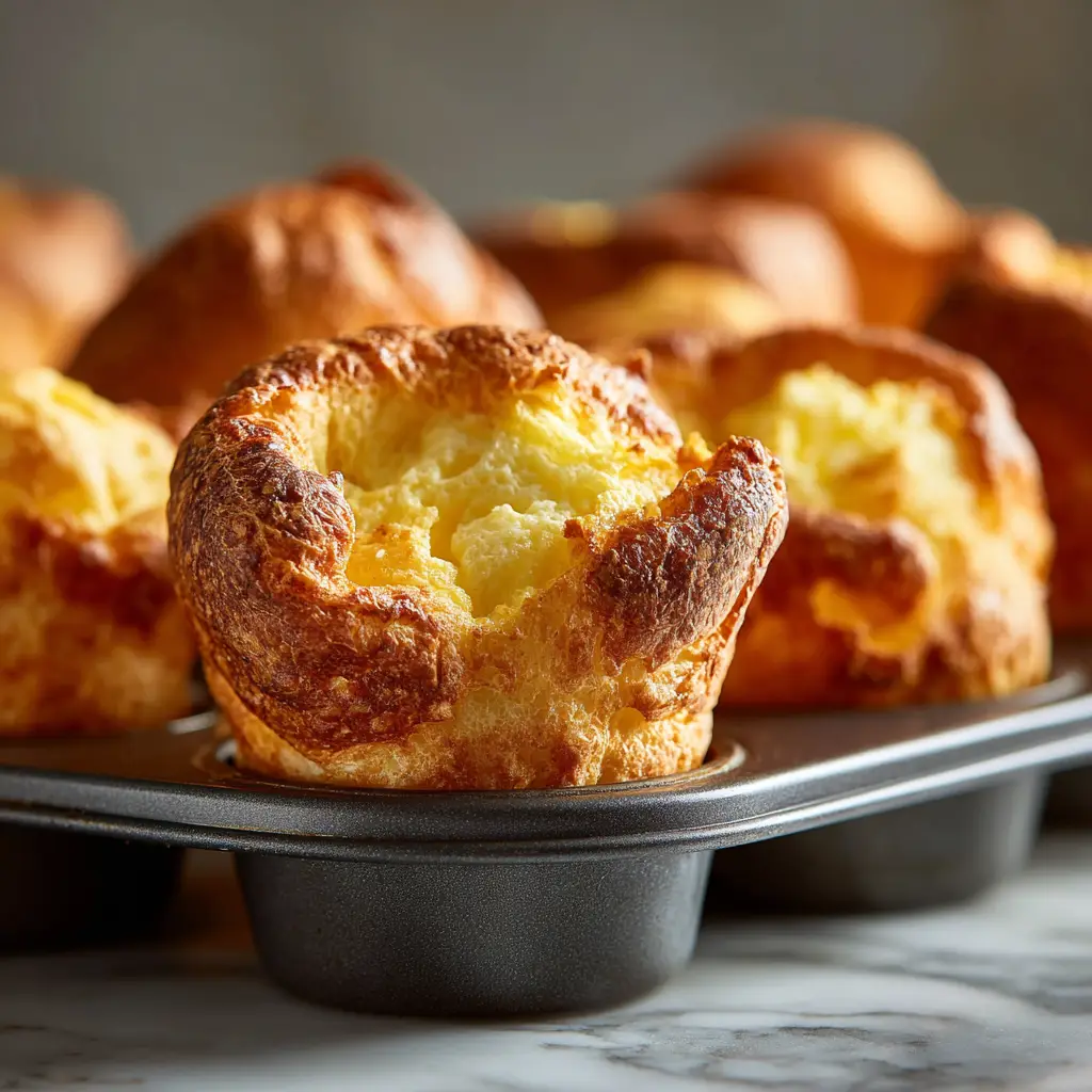 An extreme close-up of a perfectly baked popover, showcasing its airy texture and golden, crispy shell.