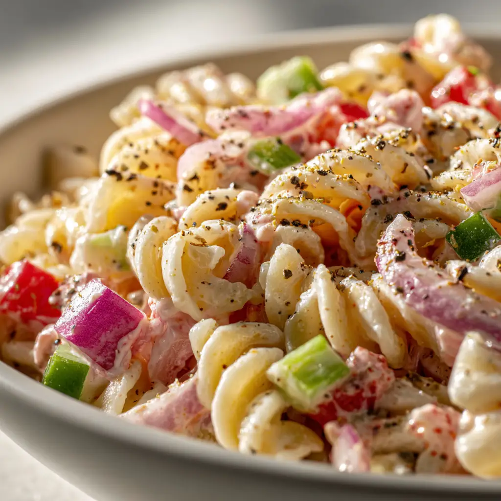 A serving of the old-fashioned Pink Cadillac Pasta Salad on a plate next to a grilled hamburger, illustrating a perfect summer meal.