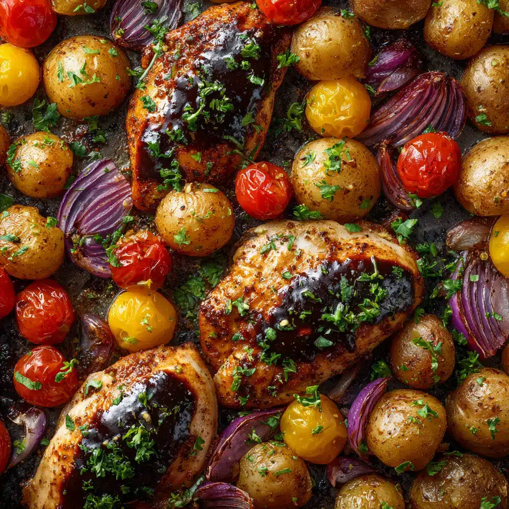 A serving of the sheet pan balsamic chicken and veggies on a white plate, ready to be eaten. The focus is on the juicy, perfectly cooked chicken.