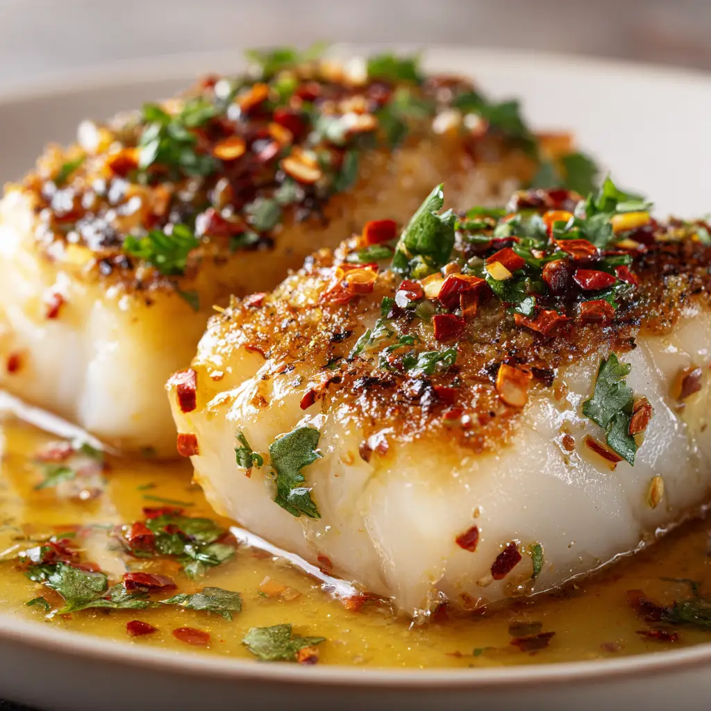A close-up shot of the garlic butter sauce being poured over raw cod fillets in a baking dish before going into the oven.
