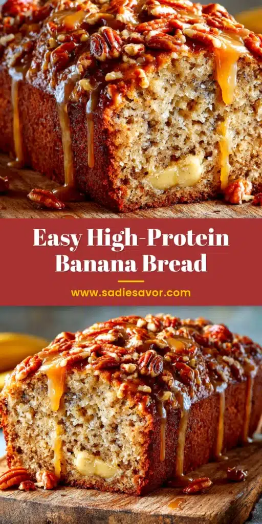 A slice of moist protein banana bread on a white plate, with the full loaf in the background. The perfect healthy, high-protein snack.