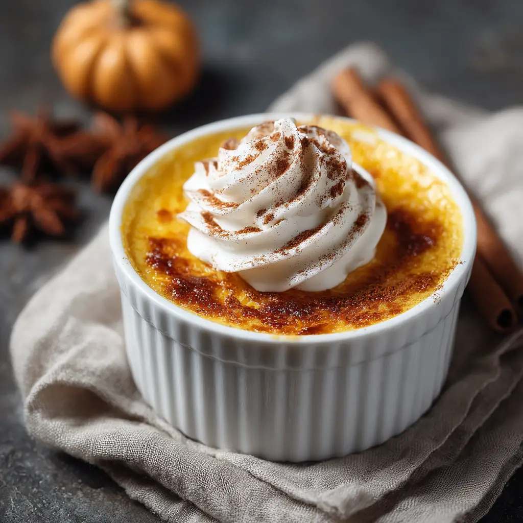 The ingredients for pumpkin custard, including pumpkin puree, eggs, cream, and spices, arranged neatly on a wooden surface before being mixed.